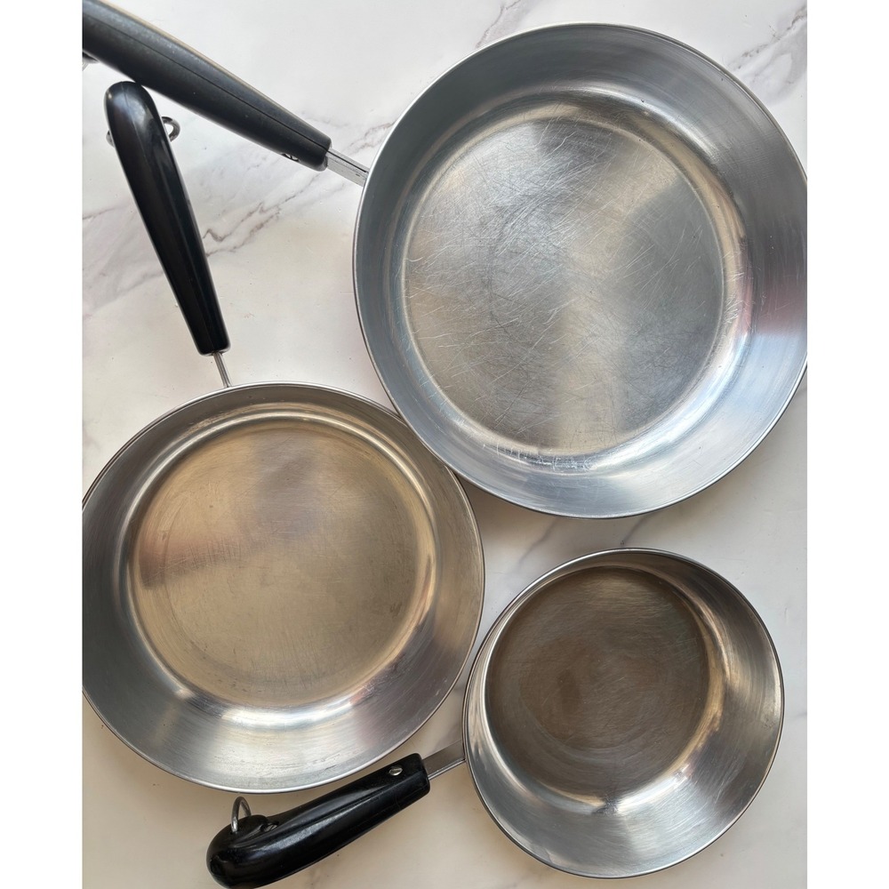 Vtg Revere Ware Copper Bottom Skillet Set 3pc Stainless Steel 7 8 10 In Pan USA